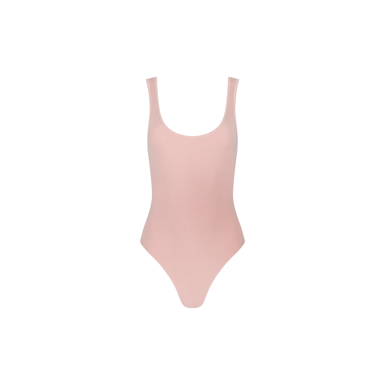 Light pink Nica Scoopneck Bodysuit, sleeveless and crafted from stretch rib fabric with a flattering scoop neckline and high-cut legs, displayed on a plain white background.