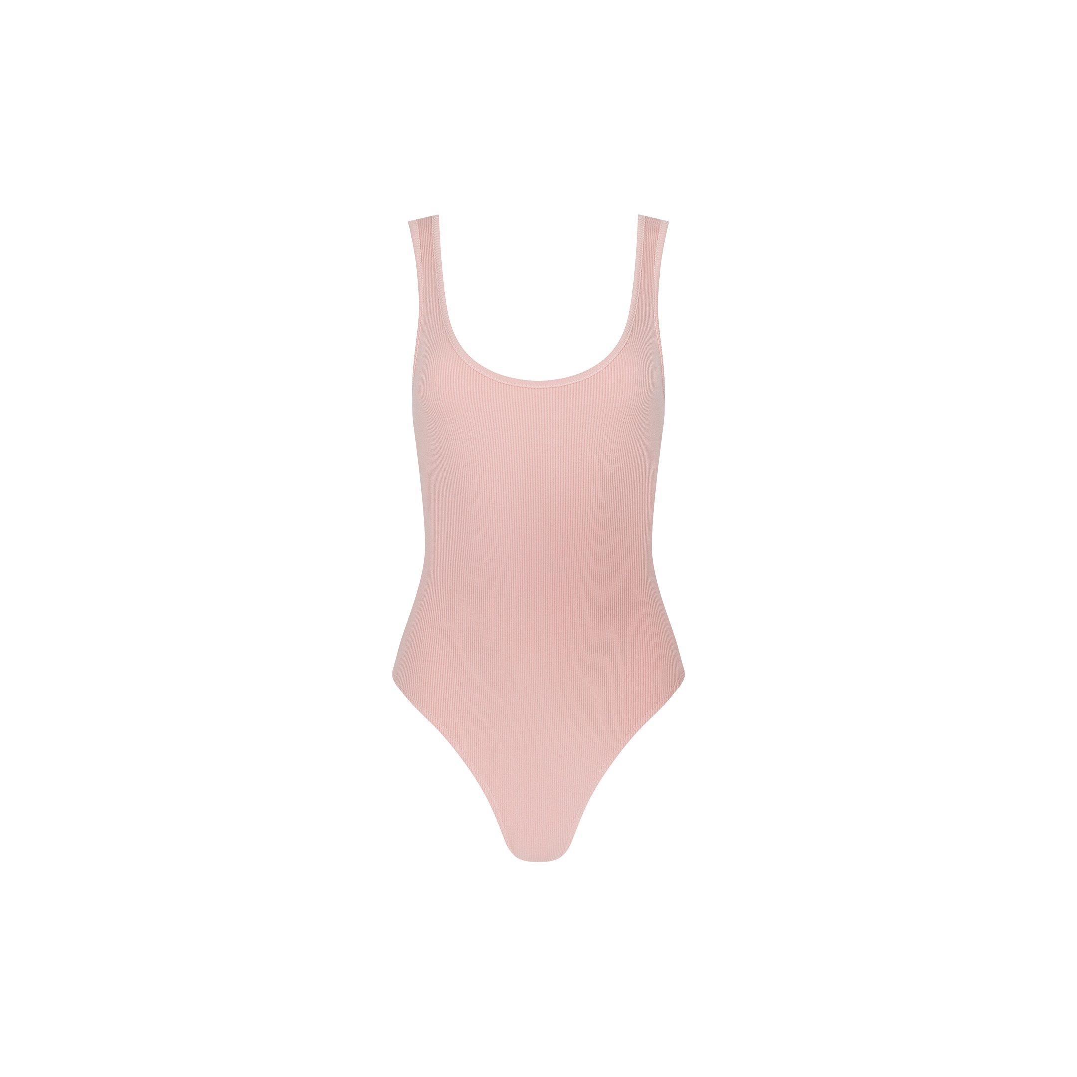 The Nica Scoopneck Bodysuit features a light pink hue, a sleeveless design, a scoop neckline, and high-cut legs, crafted from high-stretch rib fabric.