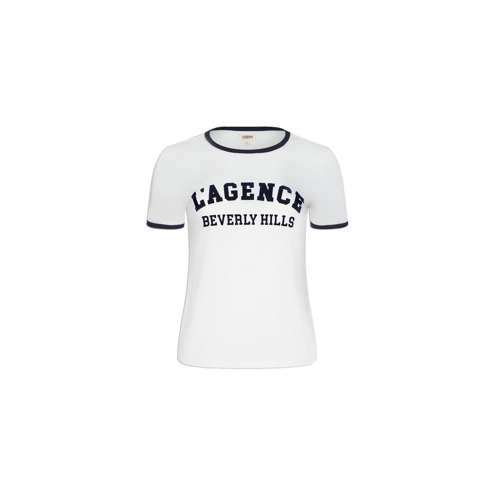The Tommie Crewneck Tee is a white short-sleeve t-shirt with black trim on the collar and sleeves, crafted from soft Supima cotton for a relaxed fit, and features LAGENCE BEVERLY HILLS in bold black letters across the chest.