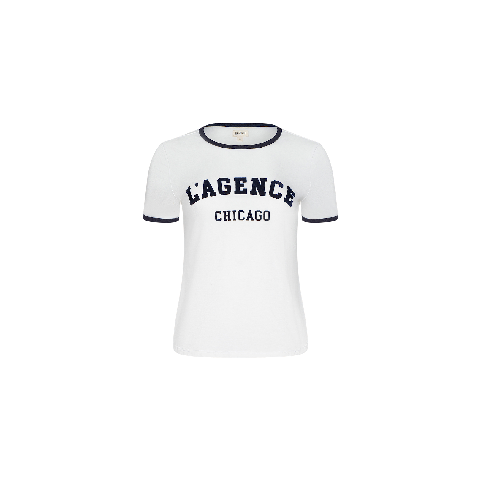 White short-sleeve Tommie Crewneck Tee featuring black trim on the collar and sleeves. Made from soft Supima cotton, this relaxed fit displays bold black “LAGENCE” lettering above smaller “CHICAGO” text.