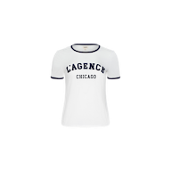 White short-sleeve Tommie Crewneck Tee featuring dark trim on the collar and sleeves. Crafted from soft Supima cotton in a relaxed fit, this shirt displays “LAGENCE CHICAGO” printed in bold, dark letters across the plain white chest.