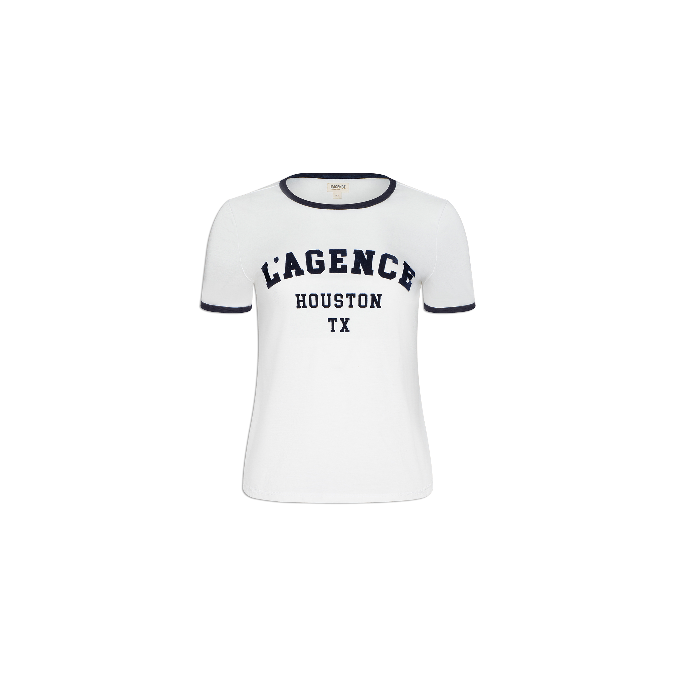Introducing the Tommie Crewneck Tee: a white short-sleeve Houston tee with black trim, showcasing bold black “LAGENCE HOUSTON TX” lettering on the front. Made from soft Supima cotton, it offers a relaxed fit for effortless everyday comfort.