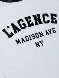 The Tommie Crewneck Tee is crafted from soft Supima cotton in white and features black collegiate-style LAGENCE MADISON AVE NY text in a relaxed fit.