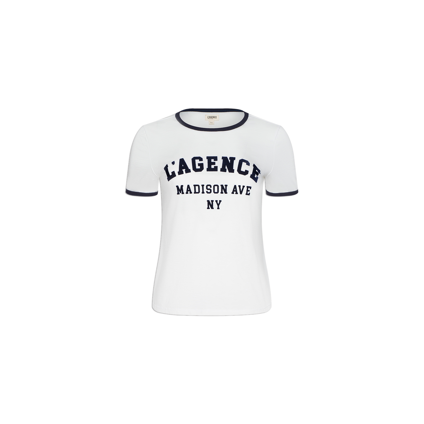 The Tommie Crewneck Tee is a white short-sleeve ringer t-shirt with black trim on the sleeves and collar, featuring the text “LAGENCE MADISON AVE NY” in bold black letters on the front.