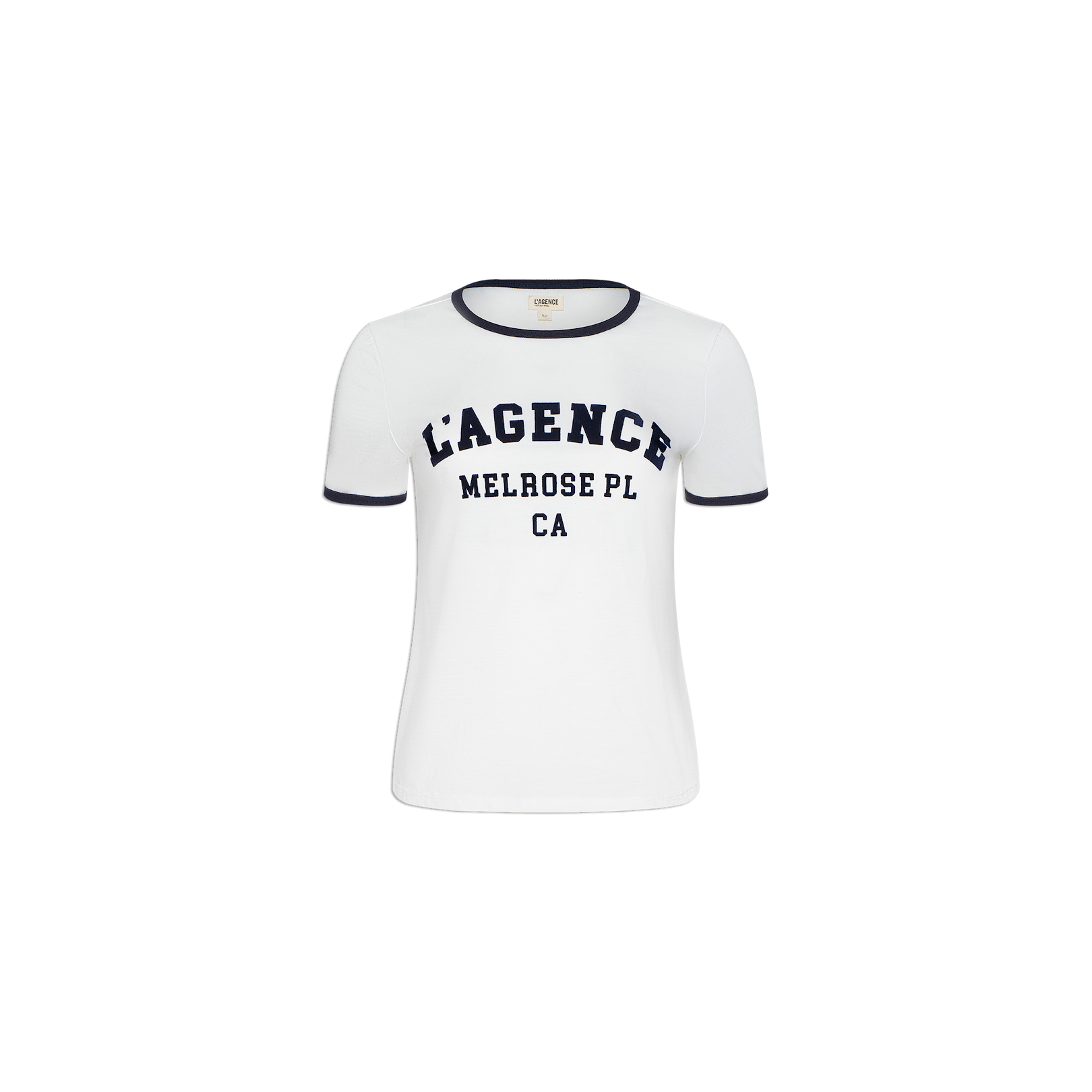 Tommie Crewneck Tee: A white short-sleeve ringer tee with black trim on the collar and sleeves, crafted from soft Supima cotton in a relaxed fit. Features bold black “LAGENCE MELROSE PL CA” lettering across the front.