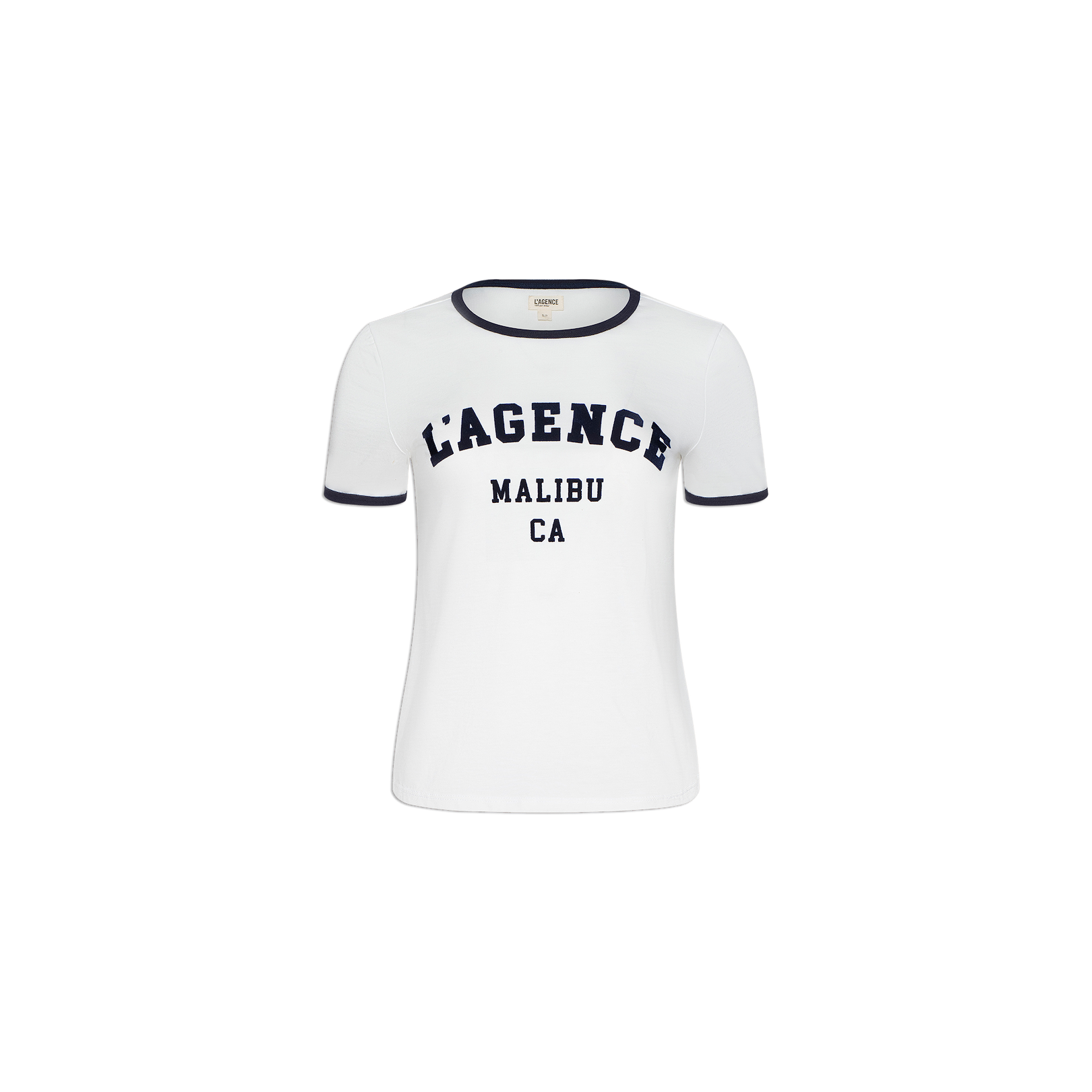 Introducing the Tommie Crewneck Tee—a white, short-sleeve ringer t-shirt with contrasting black trim on the collar and sleeves. The front proudly displays “LAGENCE MALIBU CA” in bold black lettering. Made from breathable Supima cotton, this relaxed-fit tee ensures all-day comfort and effortless style.