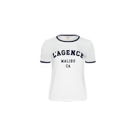 Introducing the Tommie Crewneck Tee—a white, short-sleeve ringer t-shirt with contrasting black trim on the collar and sleeves. The front proudly displays “LAGENCE MALIBU CA” in bold black lettering. Made from breathable Supima cotton, this relaxed-fit tee ensures all-day comfort and effortless style.
