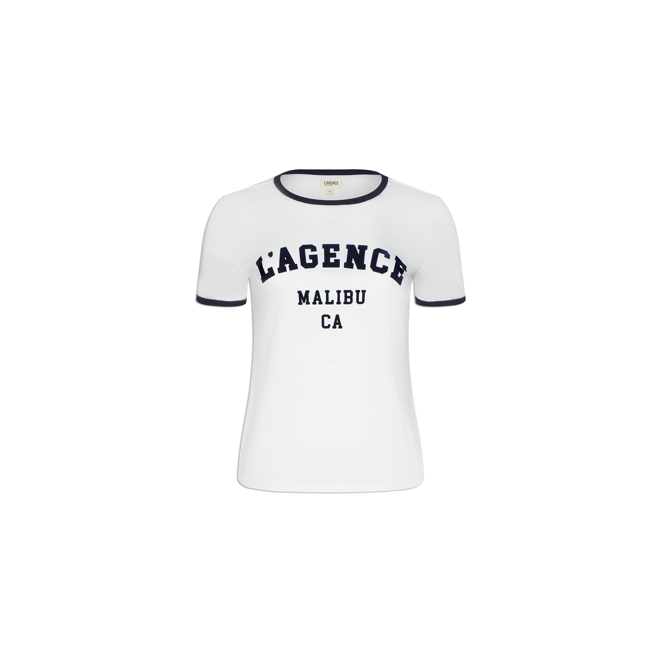 Introducing the Tommie Crewneck Tee—a white, short-sleeve ringer t-shirt with contrasting black trim on the collar and sleeves. The front proudly displays “LAGENCE MALIBU CA” in bold black lettering. Made from breathable Supima cotton, this relaxed-fit tee ensures all-day comfort and effortless style.