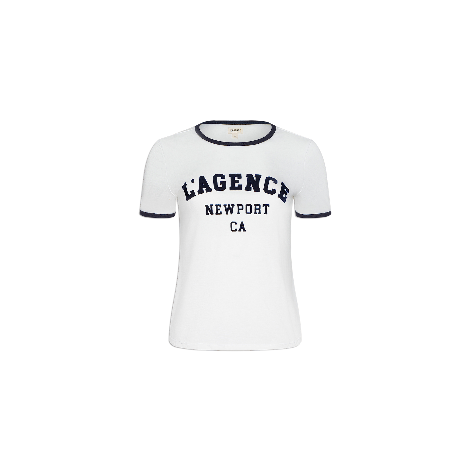 The Tommie Crewneck Tee is a white ringer t-shirt with black trim on the collar and sleeves, crafted from soft Supima cotton. This relaxed fit short-sleeve tee features the bold black text “LAGENCE NEWPORT CA” across the front, combining comfort and style.