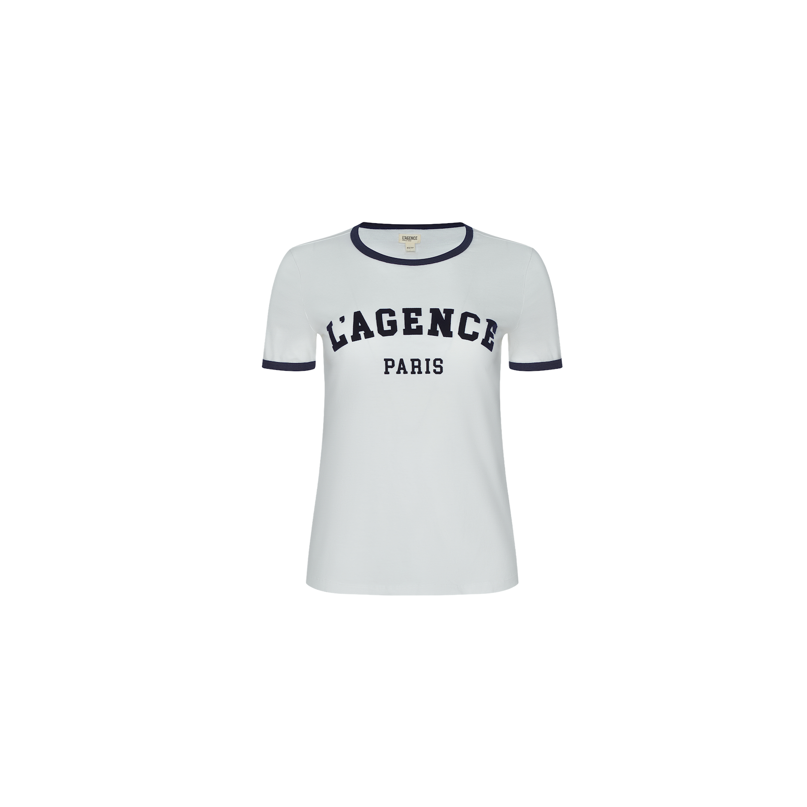 White short-sleeve Tommie Crewneck Tee featuring black trim on the collar and sleeves. LAGENCE PARIS is printed in bold black letters across the chest, giving a modern update to the classic Paris tee.