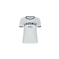The Tommie Crewneck Tee features a white short-sleeve design with black collar and sleeve trim. “LAGENCE PARIS” is printed in bold black lettering across the front. Crafted from soft Supima cotton for a relaxed fit, this T-shirt is displayed on a plain white background.