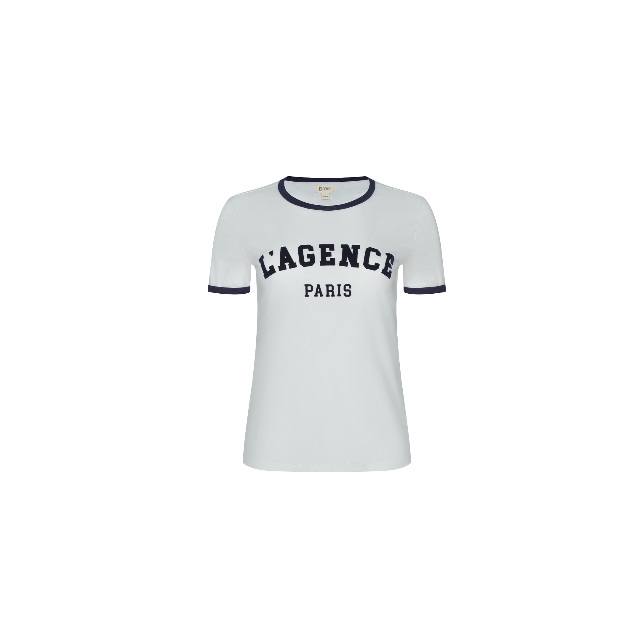 The Tommie Crewneck Tee features a white short-sleeve design with black collar and sleeve trim. “LAGENCE PARIS” is printed in bold black lettering across the front. Crafted from soft Supima cotton for a relaxed fit, this T-shirt is displayed on a plain white background.