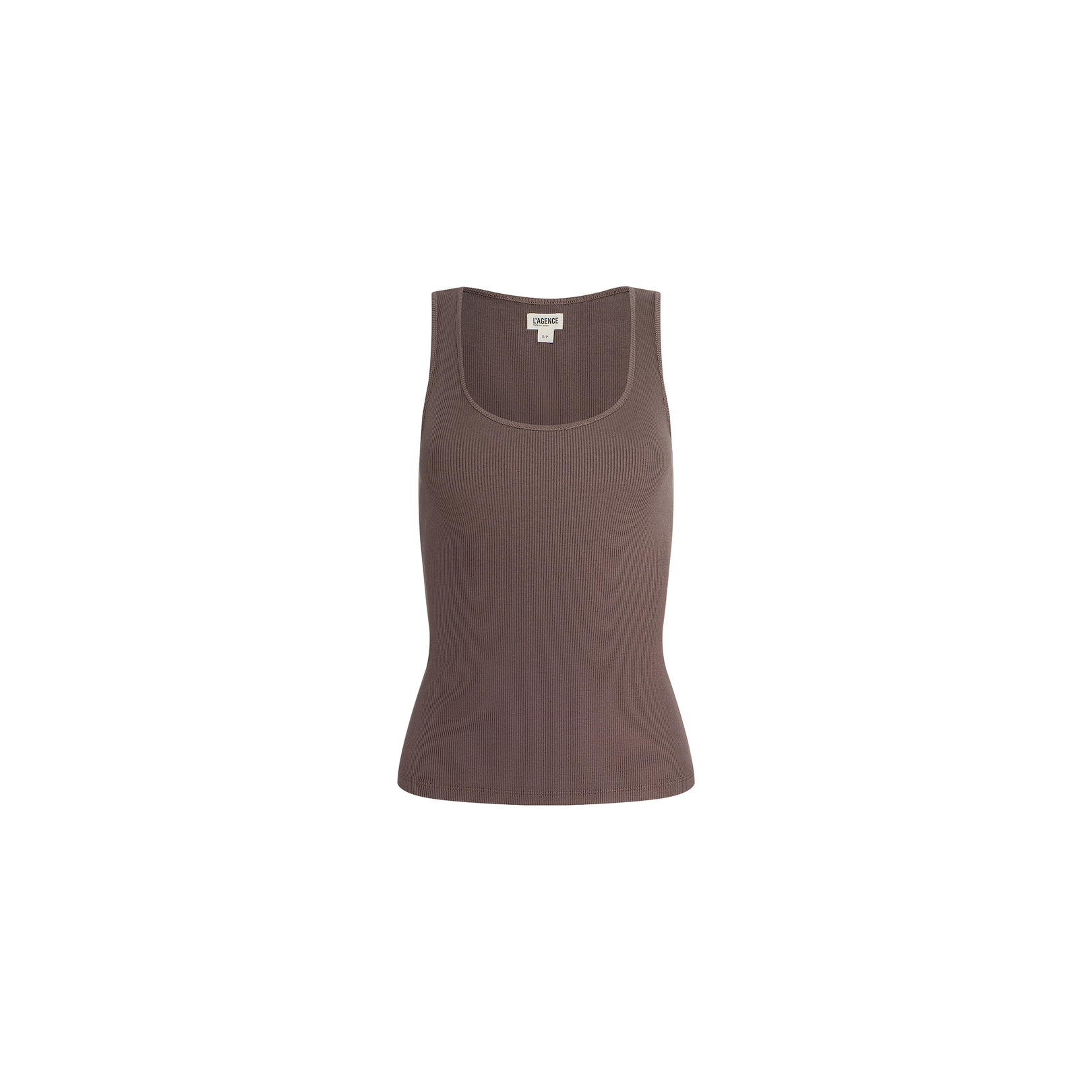 Adira Scoopneck Tank—sleeveless brown stretch rib tank top with a scoopneck design, displayed against a plain white background.