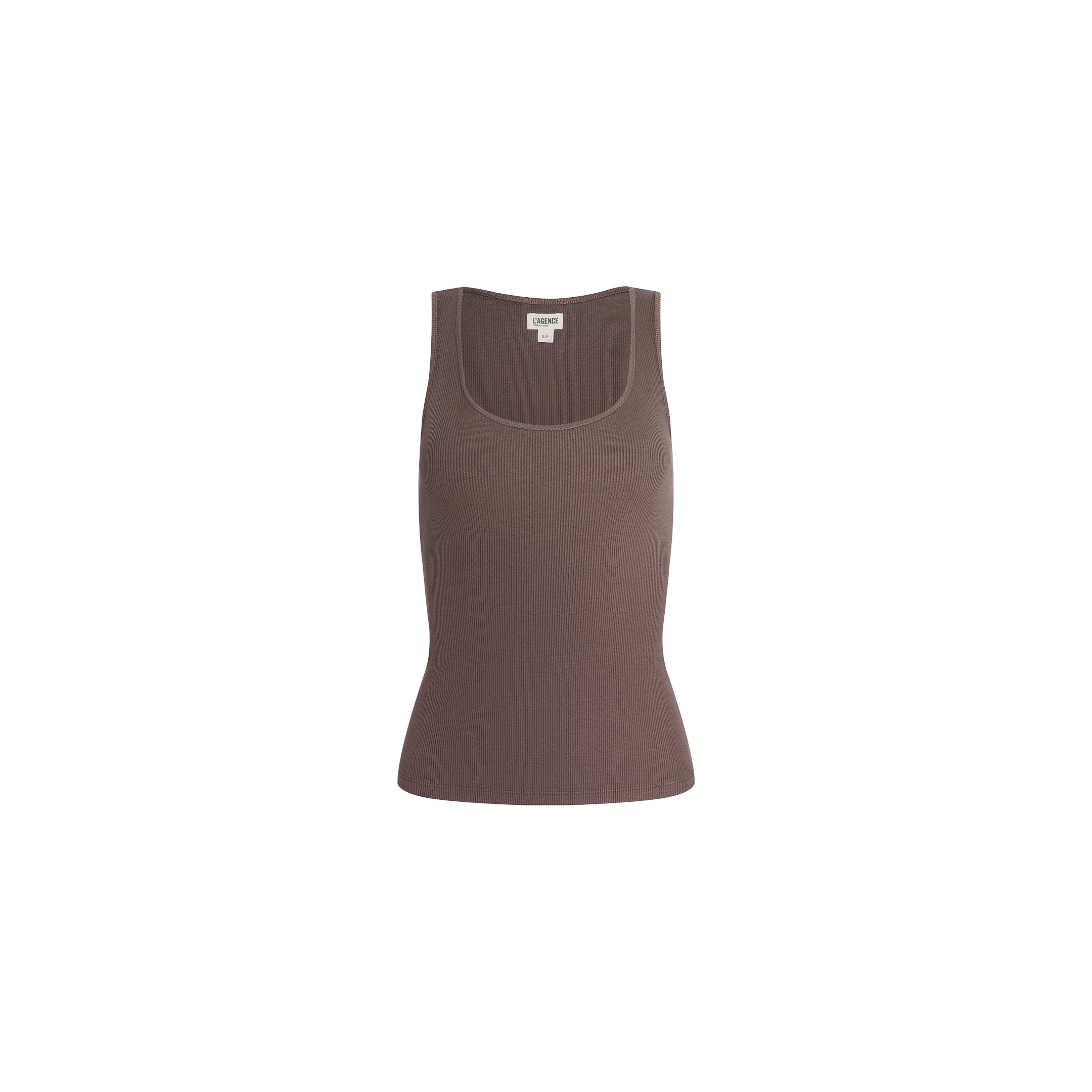 Adira Scoopneck Tank—sleeveless brown stretch rib tank top with a scoopneck design, displayed against a plain white background.