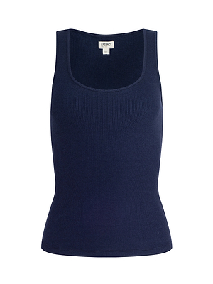 The Adira Scoopneck Tank is a sleeveless, navy blue ribbed tank with a fitted silhouette and scoopneck, shown against a white background. The inner collar label displays L’AGENCE.