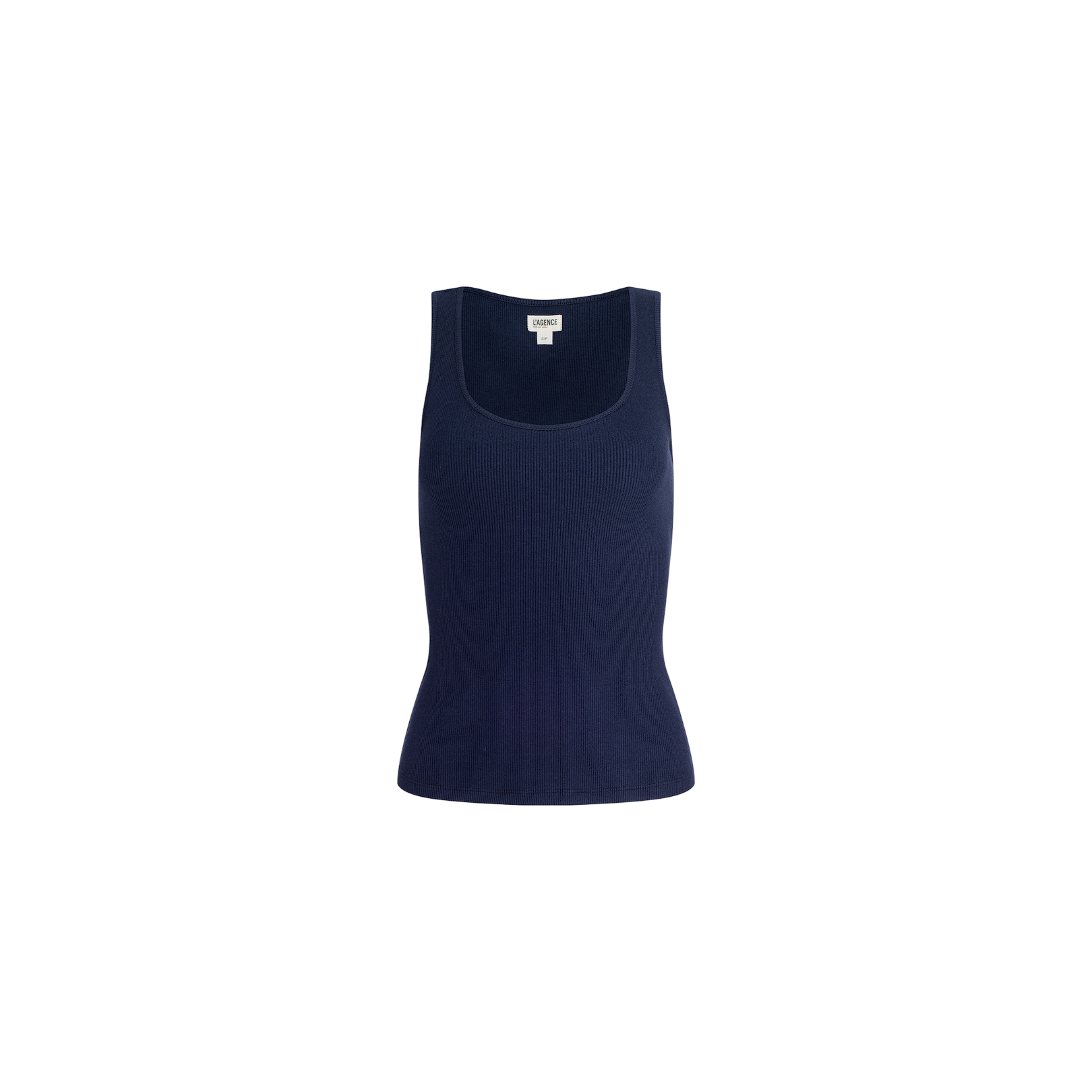 The Adira Scoopneck Tank is a navy blue, sleeveless stretch rib tank top featuring a scoop neckline, shown against a plain white background.