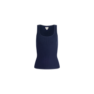 The Adira Scoopneck Tank is a navy blue, sleeveless stretch rib tank top featuring a scoop neckline, shown against a plain white background.