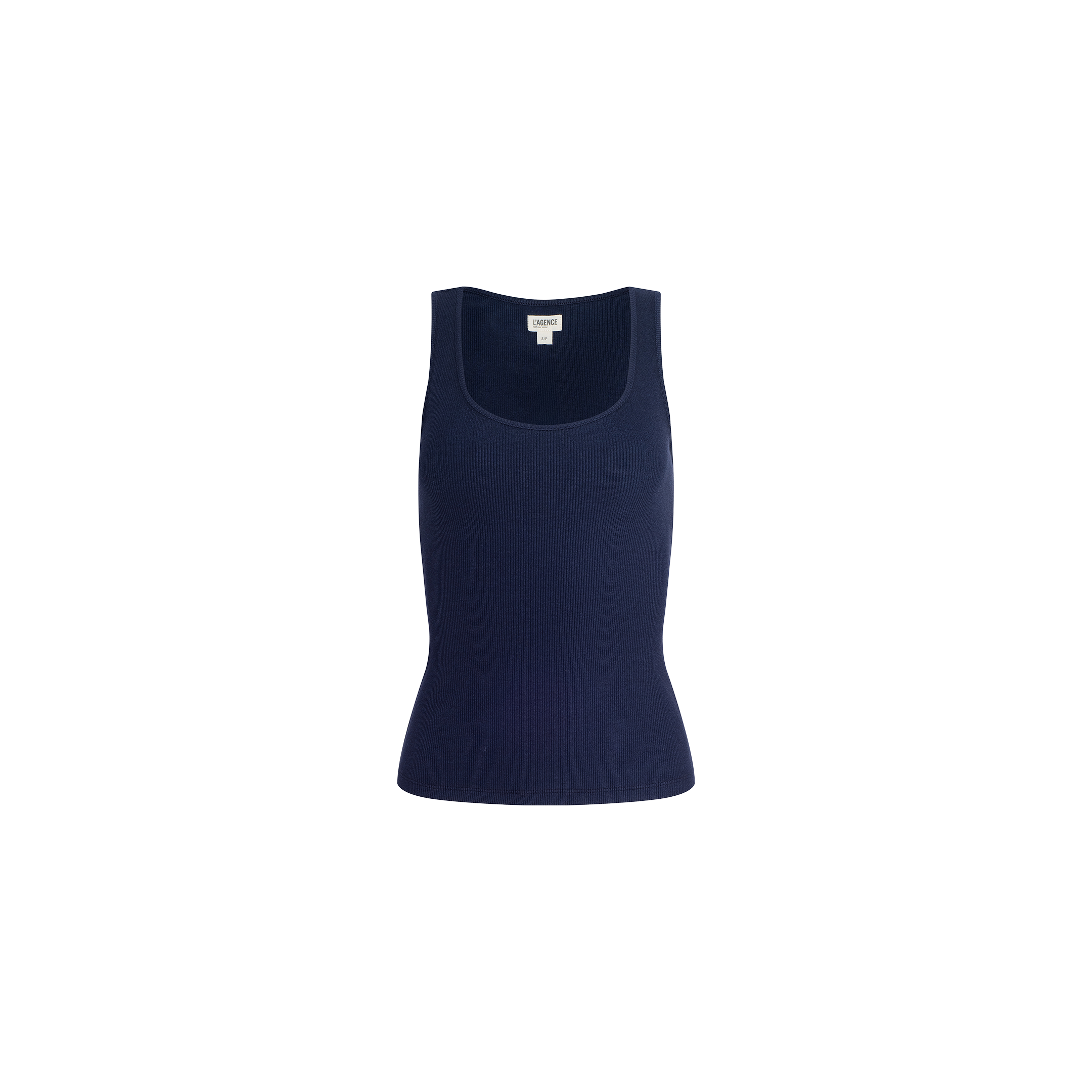 The Adira Scoopneck Tank is a navy blue, sleeveless stretch rib tank top featuring a scoop neckline, shown against a plain white background.