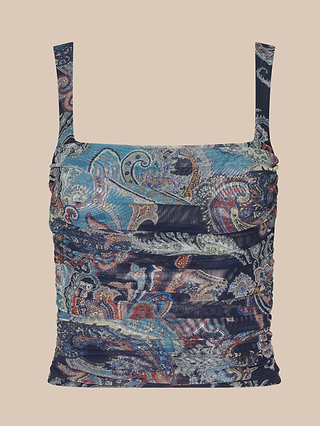 Rasha Shirred Mesh Tank: A sleeveless tank top featuring wide straps, a shirred ruched waist, and a blue, red, and white paisley pattern on a light beige background.