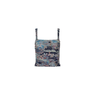 Introducing the Rasha Shirred Mesh Tank—a sleeveless, square-neckline crop top featuring a detailed blue and multicolor paisley pattern on a light background. This versatile women’s top is designed with ruched side details and a fitted silhouette, making it perfect for any occasion.