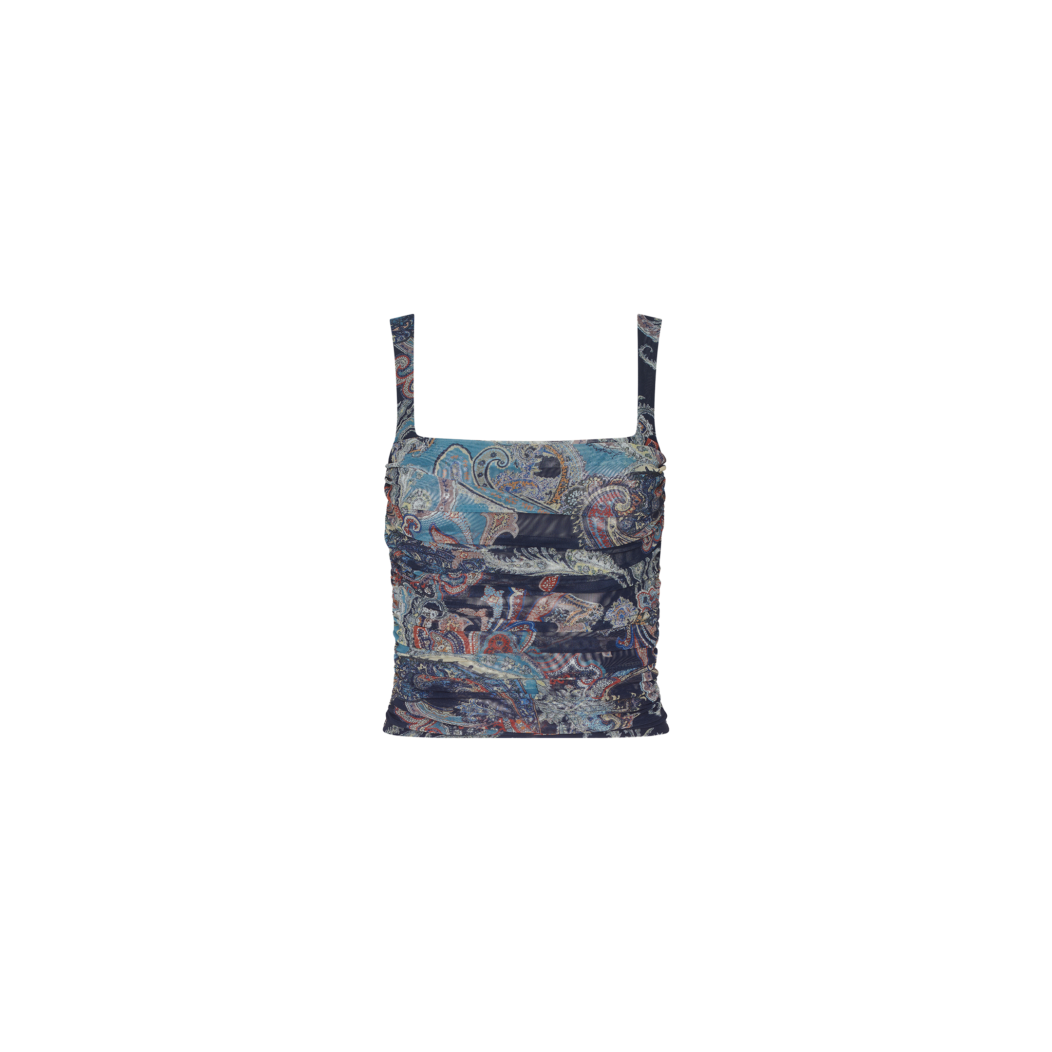 Introducing the Rasha Shirred Mesh Tank—a sleeveless, square-neckline crop top featuring a detailed blue and multicolor paisley pattern on a light background. This versatile women’s top is designed with ruched side details and a fitted silhouette, making it perfect for any occasion.