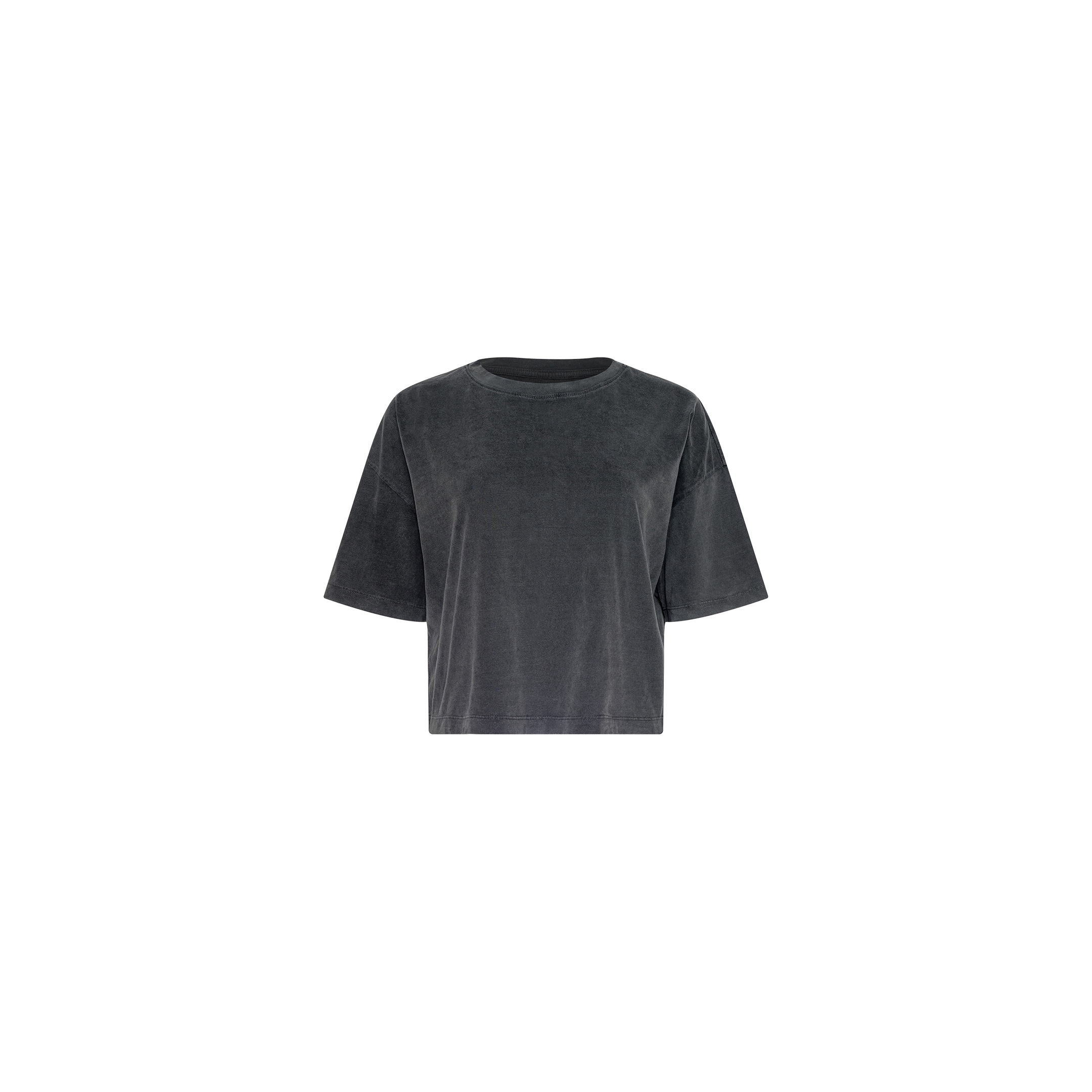 The Daria Oversized Cropped Tee, crafted from soft Supima cotton in black, is displayed on a white background.