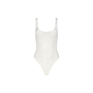 The Kalea Velvet Bodysuit is a white sleeveless piece featuring a scoop neckline and high-cut legs, crafted from lightweight ivory velvet and shown against a plain white background.