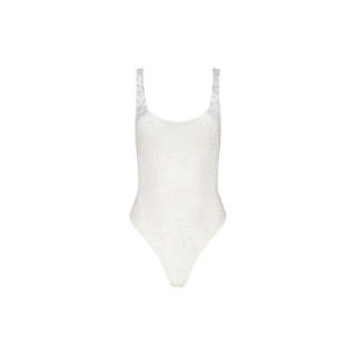 The Kalea Velvet Bodysuit in ivory features a sleeveless design with a scoop neckline, high-cut legs, and a fitted silhouette—ideal for everyday styling. Shown against a plain white background.