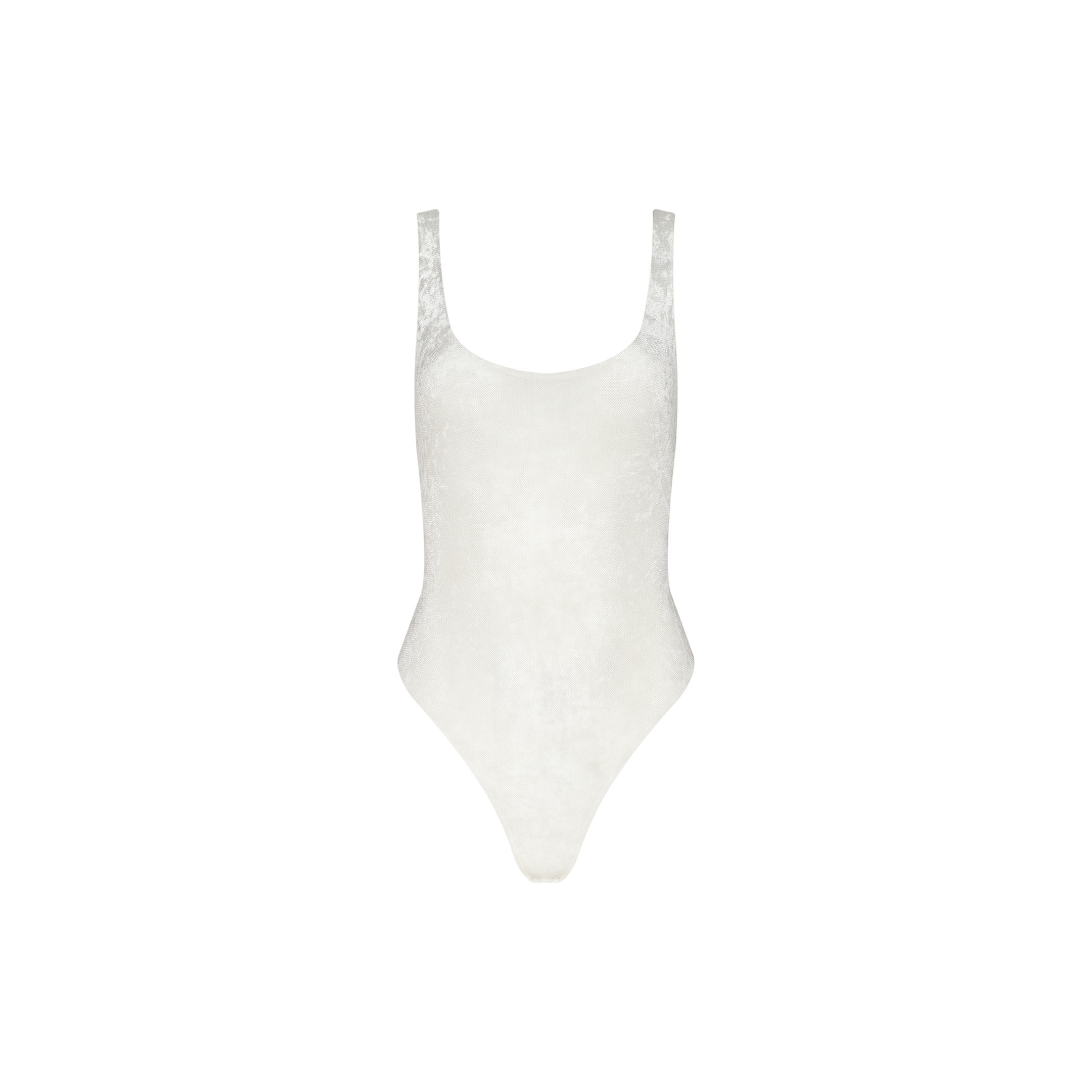 The Kalea Velvet Bodysuit is a white sleeveless piece featuring a scoop neckline and high-cut legs, crafted from lightweight ivory velvet and shown against a plain white background.