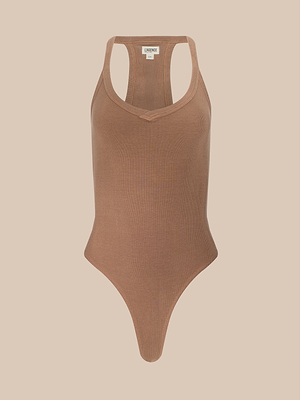 The Wrenna Racerback Bodysuit is a sleeveless, ribbed brown tank with a scoop neckline and racerback style, shown on a light beige background.