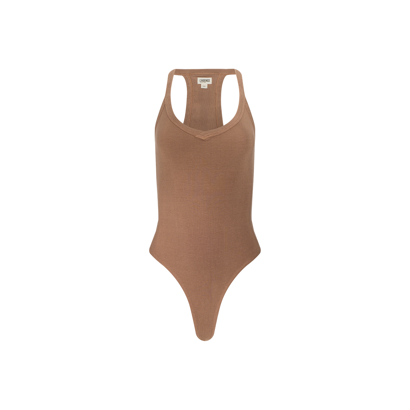 The Wrenna Racerback Bodysuit is a brown, ribbed sleeveless tank featuring a scoop neck and racerback design. It’s crafted from soft rib fabric and shown against a plain white background.