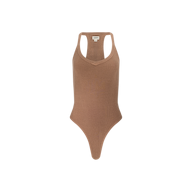The Wrenna Racerback Bodysuit is a brown, sleeveless tank crafted from rib fabric, featuring a racerback design, scoop neckline, and high-cut leg openings, displayed against a plain white background.