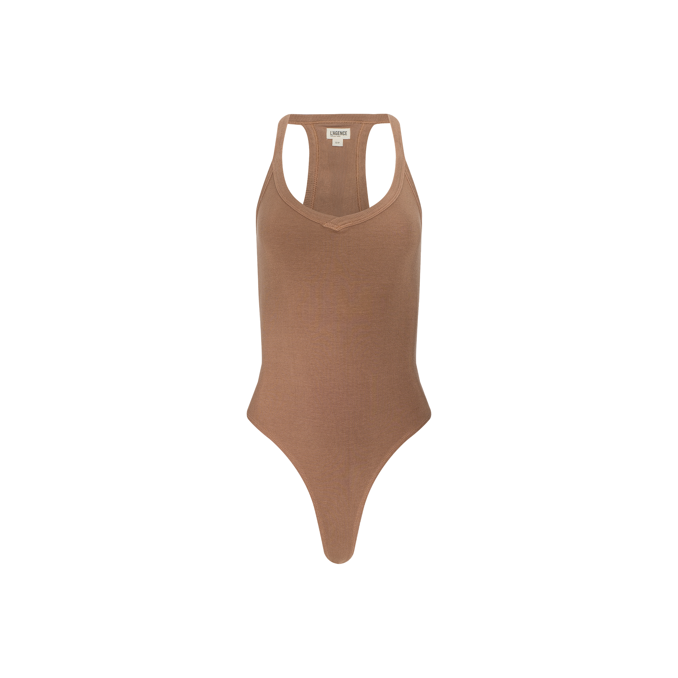 The Wrenna Racerback Bodysuit is a brown, sleeveless tank crafted from rib fabric, featuring a racerback design, scoop neckline, and high-cut leg openings, displayed against a plain white background.