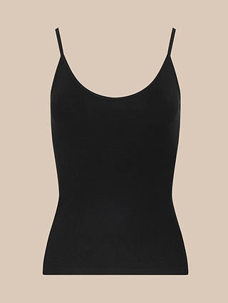 A black, fitted Lunara Camisole with spaghetti straps, crafted from soft micro modal ribbed fabric, displayed on a plain beige background.