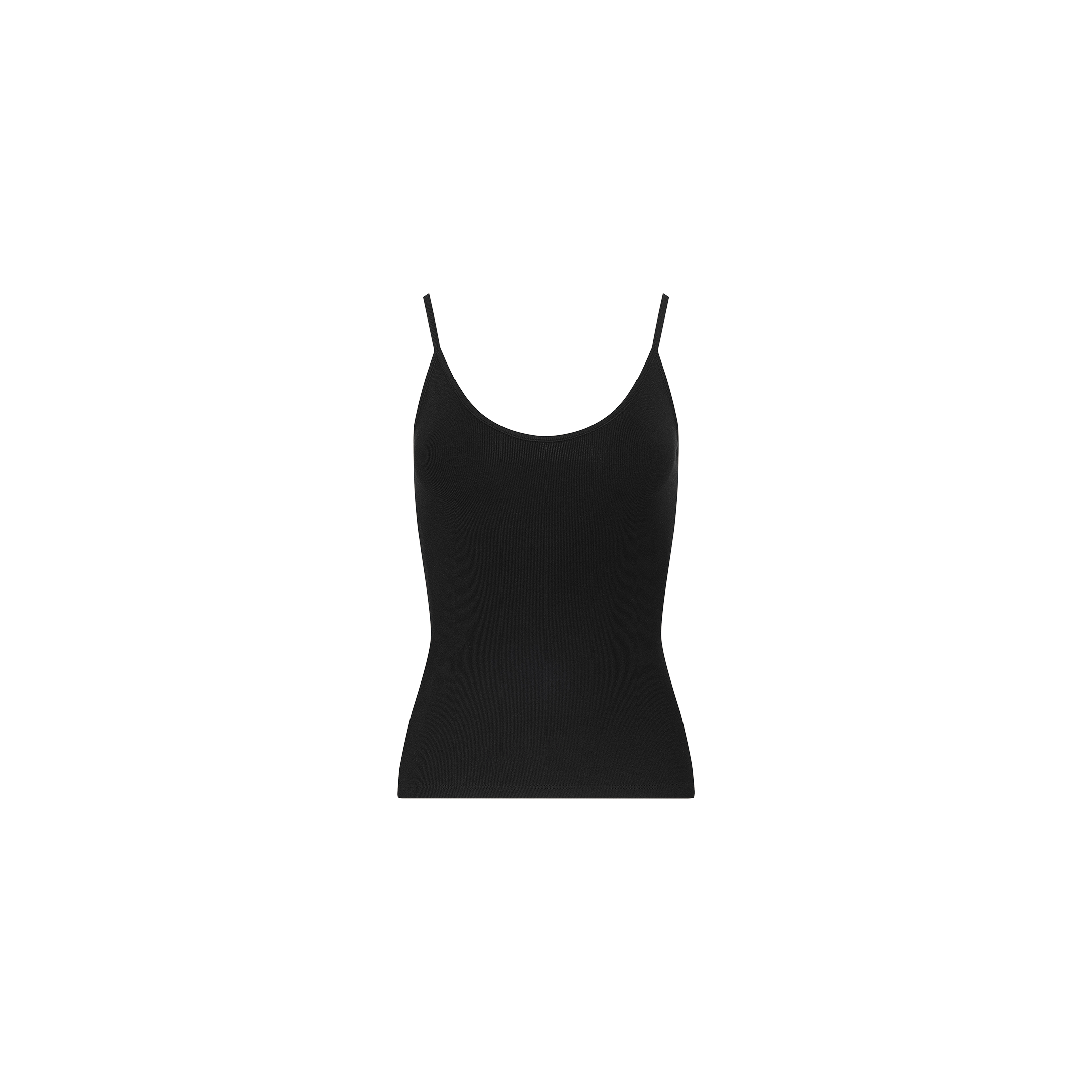 The Lunara Camisole is a black, sleeveless top made from soft micro modal, featuring delicate spaghetti straps. It is showcased against a plain white background.