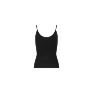 The Lunara Camisole is a black, sleeveless top made from soft micro modal, featuring delicate spaghetti straps. It is showcased against a plain white background.