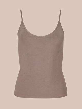 The Lunara Camisole, a brown fitted spaghetti strap tank top made from ribbed fabric, is displayed on a plain beige background.