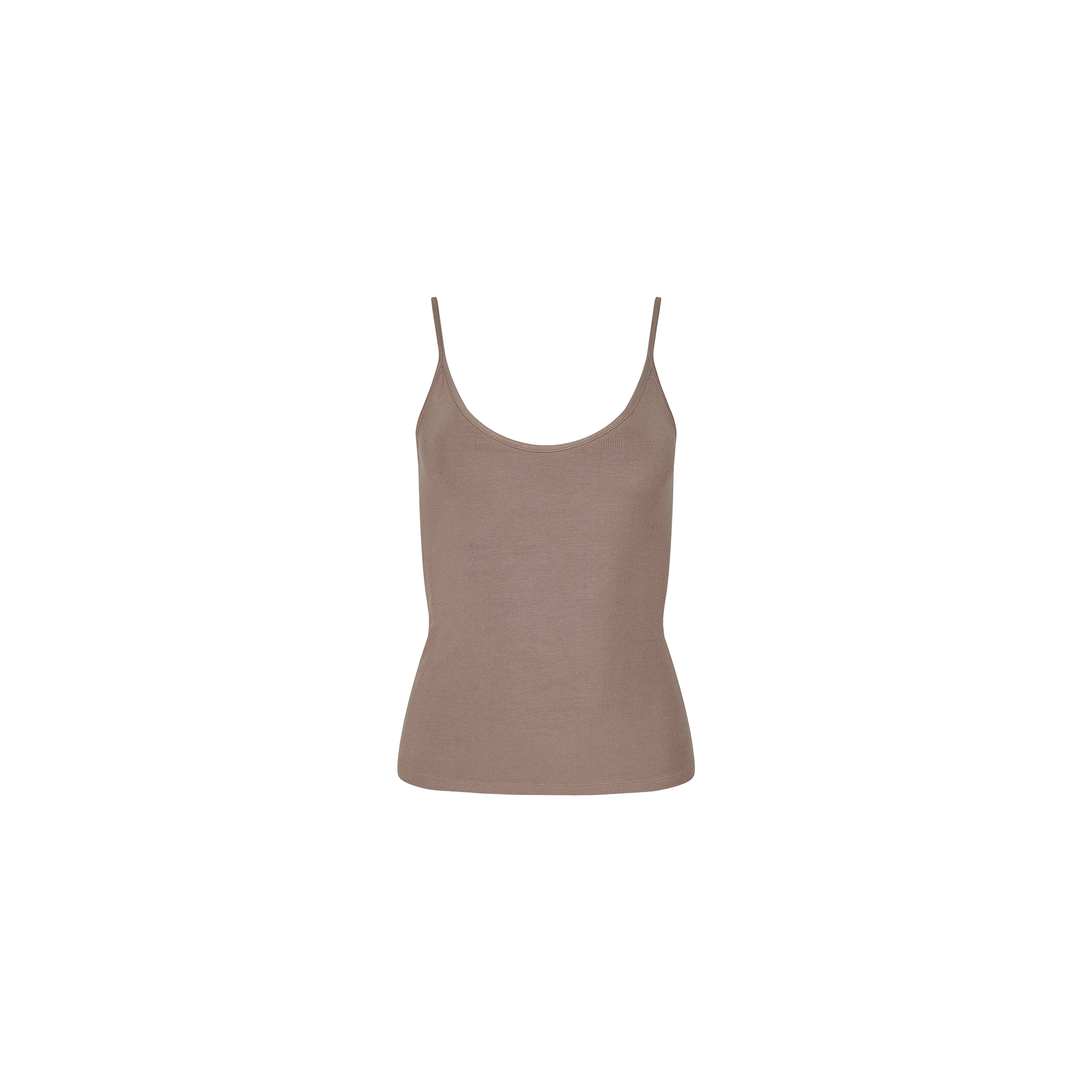 A taupe-colored, sleeveless Lunara Camisole with thin spaghetti straps and soft ribbed fabric is displayed on a plain white background.