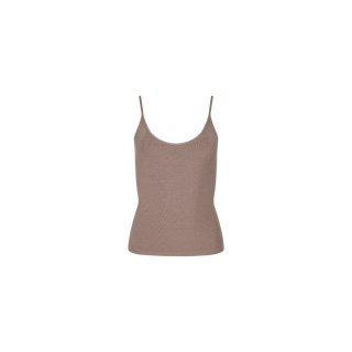 The Lunara Camisole, a fitted spaghetti strap tank top in taupe crafted from soft micro modal ribbed fabric, is displayed on a plain white background.