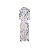 The Cameron Silk Shirt Dress is a long, sheer silk crepe de chine dress featuring a colorful palm leaf and floral print. It includes a button-down front, collar, long sleeves, and a tied waist belt, and is displayed on a plain white background.