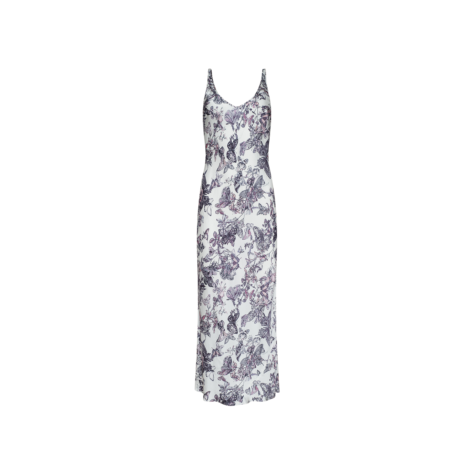 Akiya Satin Maxi Dress: This sleeveless, ankle-length white dress features a fitted silhouette and thin straps, adorned with a timeless purple and gray floral print. With its slightly flared hem, the Akiya Satin Maxi Dress exudes vintage-inspired elegance.