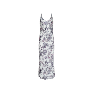 Akiya Satin Maxi Dress: This sleeveless, ankle-length white dress features a fitted silhouette and thin straps, adorned with a timeless purple and gray floral print. With its slightly flared hem, the Akiya Satin Maxi Dress exudes vintage-inspired elegance.