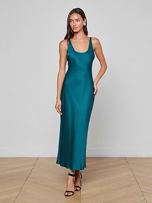 L'AGENCE Akiya Satin Maxi Dress In Deep Teal L'AGENCE Akiya Satin Maxi Dress In Deep Teal