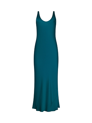 The L'AGENCE Akiya Satin Maxi Dress is a sleeveless, emerald green gown with a scoop neckline and flowing bias-cut silhouette, shown on a plain white background.