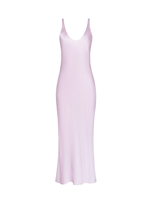 The Akiya Satin Maxi Dress is sleeveless, light pink, bias-cut with a scoop neckline and a long, slightly flared hem, shown on a white background.