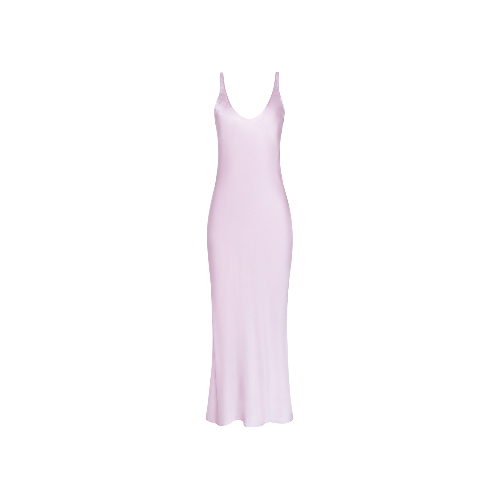 A sleeveless Akiya Satin Maxi Dress in light pink pastel lilac, crafted from bias-cut satin with a deep V-neckline and a long, flowing silhouette, displayed on a plain white background.