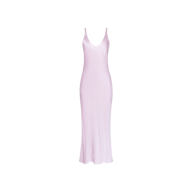 The Akiya Satin Maxi Dress is a sleeveless, pastel lilac bias-cut satin gown featuring a deep scoop neckline and a fitted, ankle-length silhouette, shown against a plain white background.