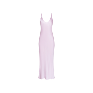 A sleeveless Akiya Satin Maxi Dress in light pink pastel lilac, crafted from bias-cut satin with a deep V-neckline and a long, flowing silhouette, displayed on a plain white background.