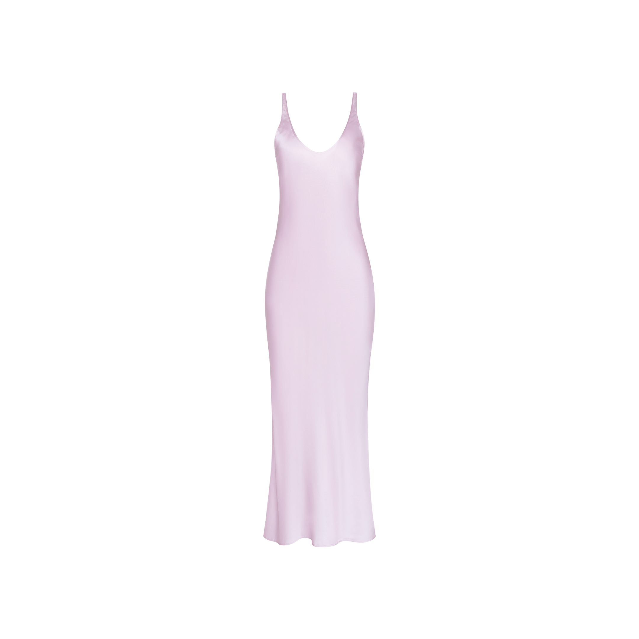 The Akiya Satin Maxi Dress is a sleeveless, pastel lilac bias-cut satin gown featuring a deep scoop neckline and a fitted, ankle-length silhouette, shown against a plain white background.