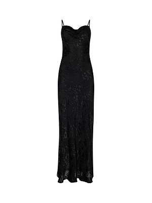 The L'AGENCE Christine Burnout Satin Dress is a black, floor-length slip dress with thin spaghetti straps and a subtle floral burnout pattern, crafted from crinkle satin. Displayed on a white background.